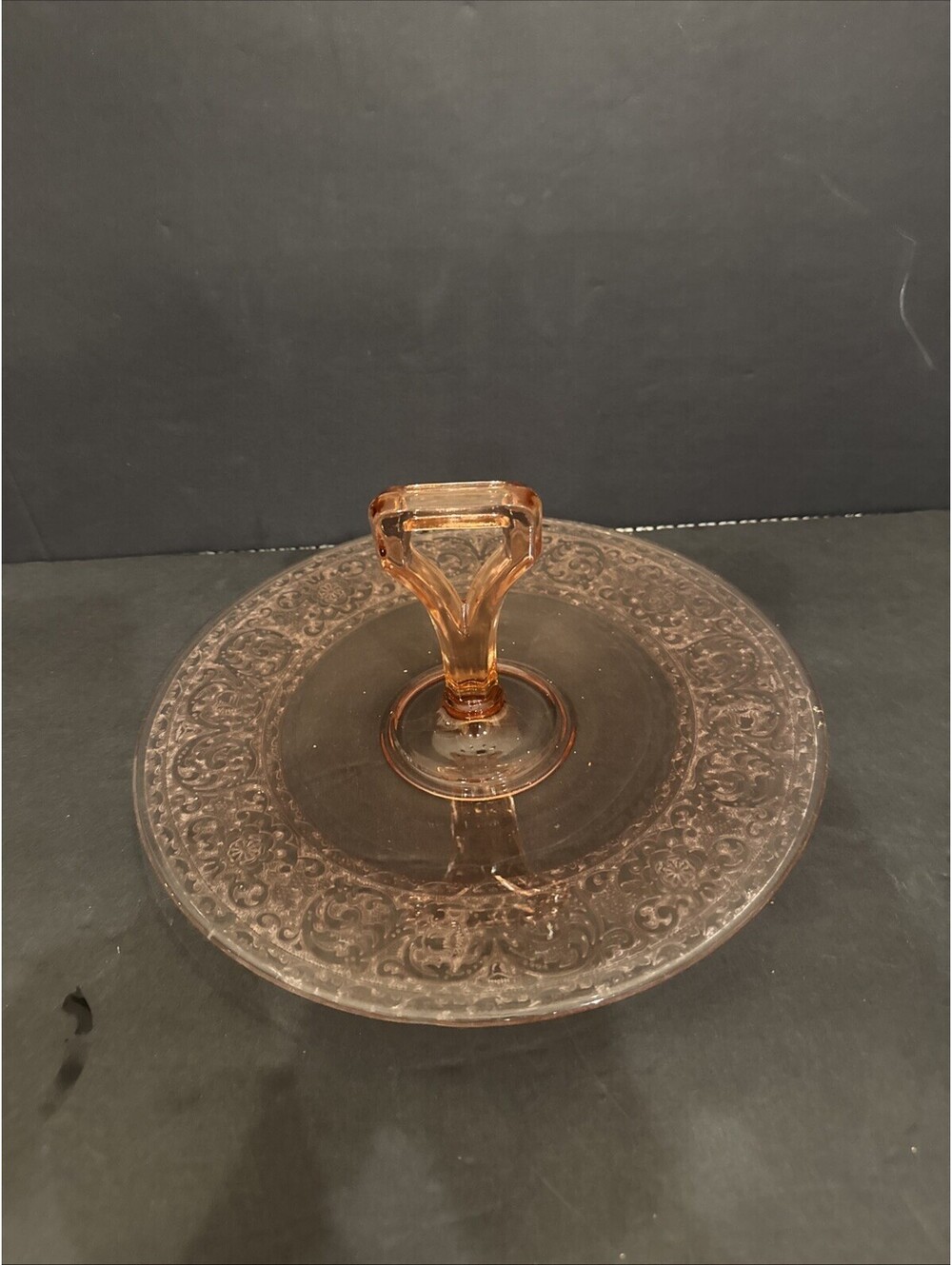 Vintage Cambridge Depression Peachy Pink Glass Serving Tray with Handle 10” W